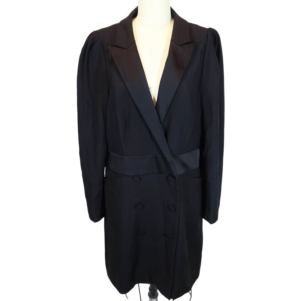 REISS Avani Satin Trim Double Breasted Blazer Tuxedo Puff Sleeve Dress 12 NWOT